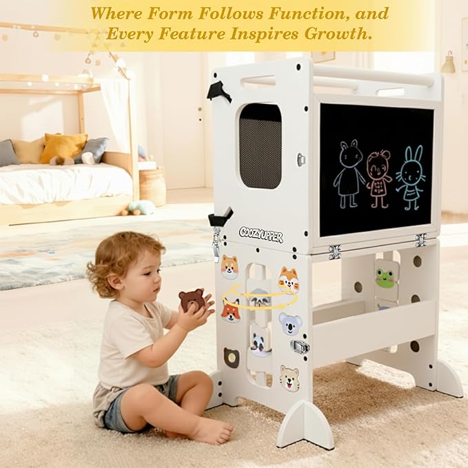 Toddler Kitchen Stool Helper, CPC Certified Foldable Toddler Tower, Learning Wooden Tower with Support Feet and Chalkboard, Anti-Drop Structure, Safe Design for Kids, White
