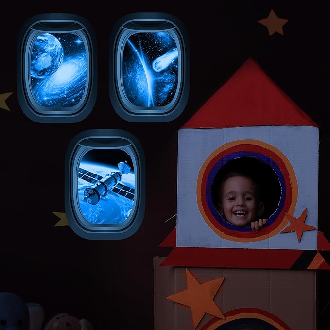 Glow in The Dark 3D Space Wall Decals, Set of 3 Galaxy Window Stickers for Wall, Space Themed Room Decor for Kids Boys (Blue)