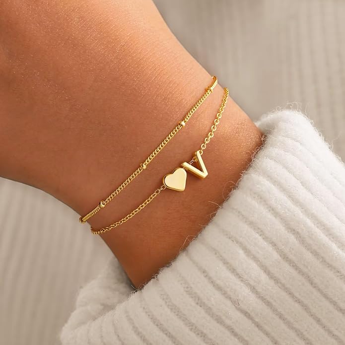 M MOOHAM Initial Heart Bracelets for Women - Layered Dainty 14K-Gold-Plated Heart Letter A-Z Charm Bracelets for Women, Chain Link Charm Bracelets Beaded Bracelets Birthday Gifts Womens Jewelry