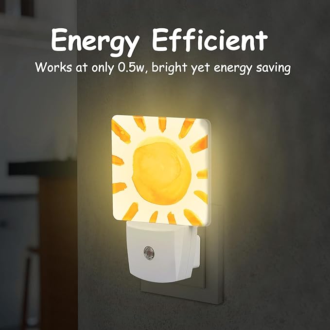 Night Light,Boho Watercolor Sun Plug-in Night Light Auto Dusk-to-Dawn Sensor Energy Efficient LED Lamp for Room Decor,Hallway,Kitchen,Bathroom,Nursery,Stairs