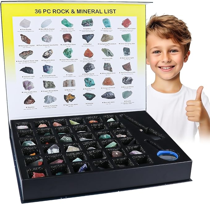 Rock Collection for Kids - 36pc Cool Rocks and Gems Stones Crystals Kit - Rocks and Minerals Science Kit with Leaning Guide - Earth Science Activity Kit - Rock Collection Box for Kids