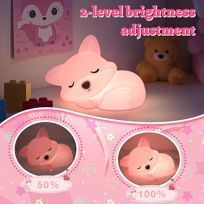 Pink Fox Night Light Toy Gifts for Girls, Cute Fox Squishy Lamp for Daughter Gifts, Dimmable Rechargeable Silicone Animal Night Light, Sweet Birthday Xmas Gift for Girls Room Pink Decor