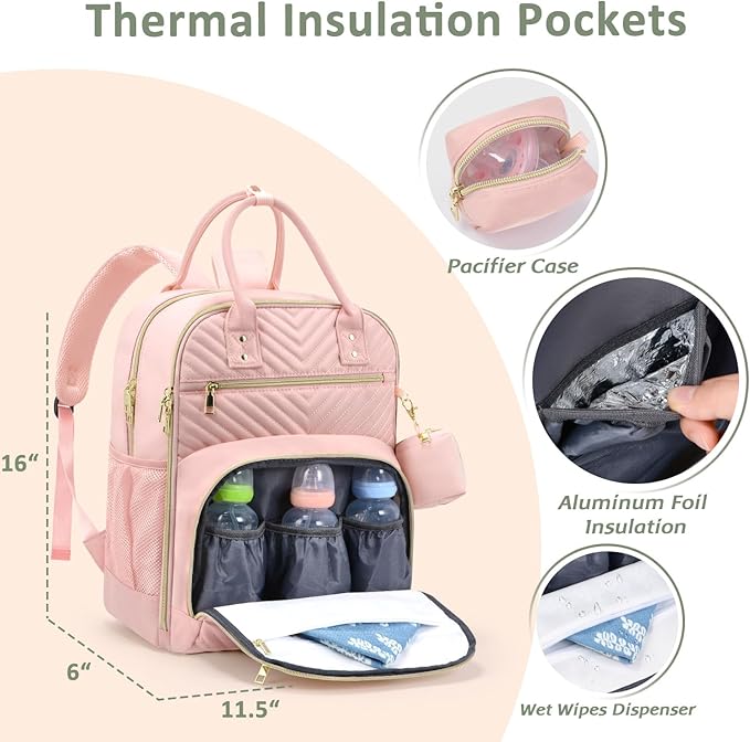 Diaper Bag Backpack,Baby Essentials Diapers Bag with Pacifier Case,Multipurpose Stylish Large Capacity Travel Backpack for Baby Girl/Boy(L-Pink)