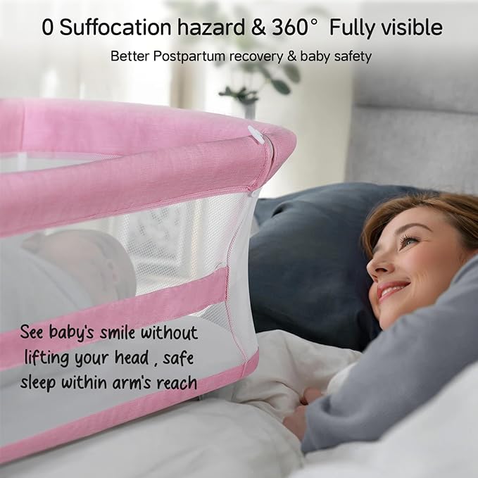 Cowiewie Bassinet Bedside Sleeper,Baby Bassinets Higher Place on Bed,5-Position Adjustment Baby Crib,Breathable 360°All-Around Mesh Sides Bedside Bassinet,Space-Saving Bedside Cribs, Pink