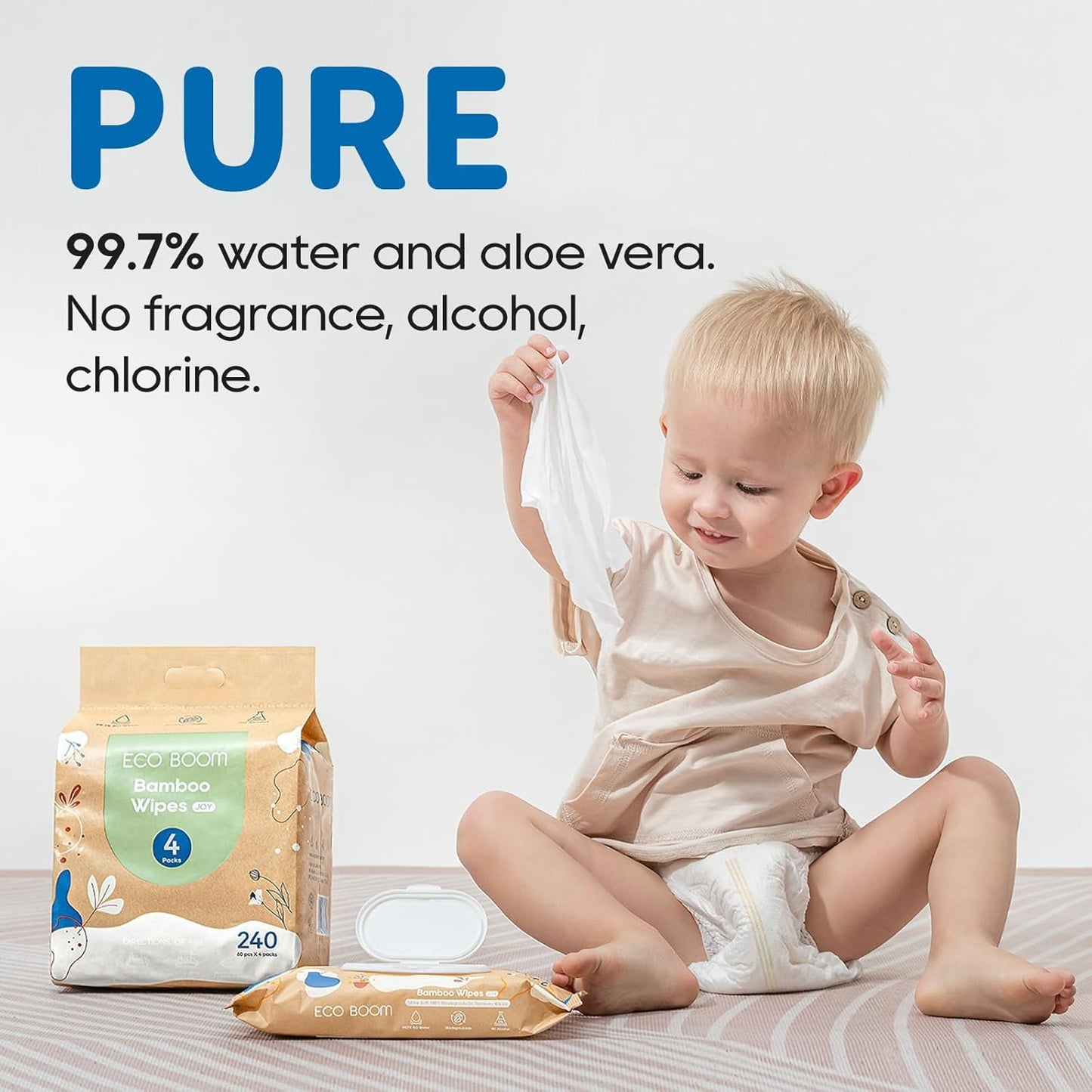 ECO BOOM bamboo Baby Wipes | natural | 100% Plant-Based & fragrance free | Unscented & safe for Sensitive Skin | 99% Water | 16 Pack, Bulk Total of 960