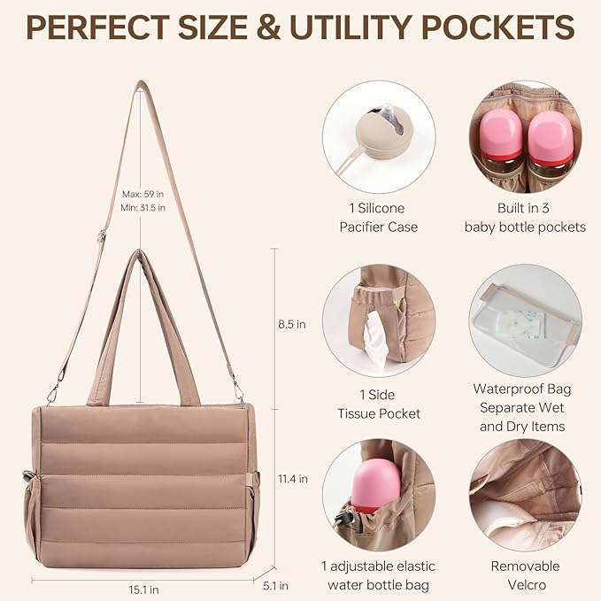 Diaper Bag Tote, Large Capacity Travel Diaper Baby Bags Crossbody Hospital Mom Bag，with Silicone Pacifier Case