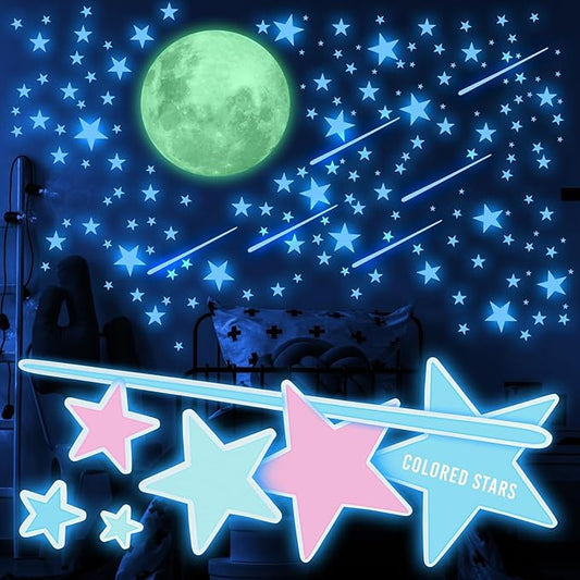 Glow in The Dark Stars and Moon for Ceiling, Luminous Wall Decal, Wall Decor, Sticky Fluorescence Stars, Gift for Boy and Girl, Perfect for Kids Nursery, Bedroom, Living Room (Colorful)