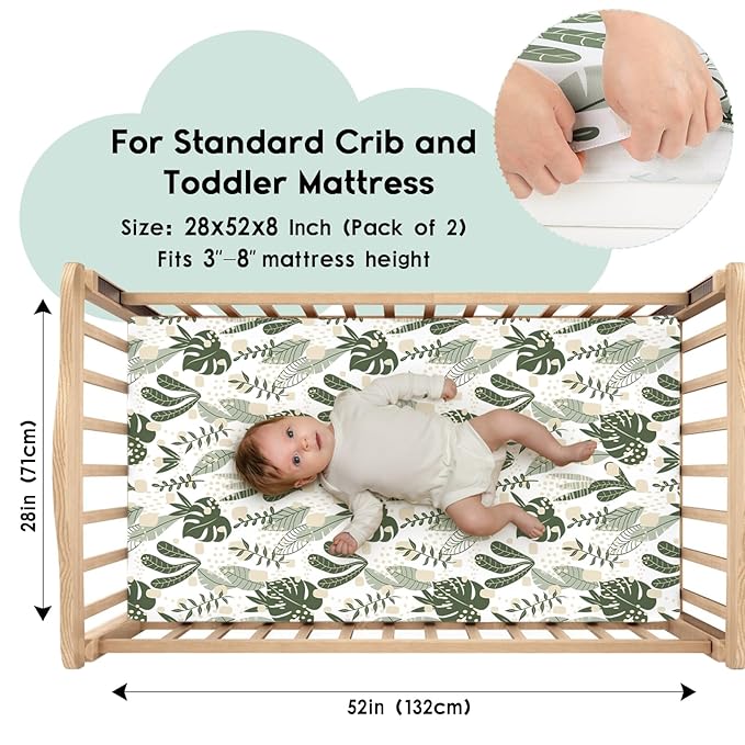 Yoofoss Baby Crib Sheets for Boys Girls, Fitted Crib Sheet 2 Pack for Standard Crib and Toddler Mattress, Super Soft Microfiber Baby Sheet 28x52x8in Green + Banana Leaves