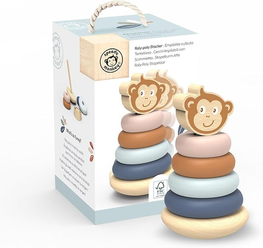 SPEEDY MONKEY Roly Poly Stacker Toy for Toddlers | Wooden Stacking Toy for Baby Boys & Girls | FSC-Certified Wobble Base with Colorful Rings for Fine Motor Skills | Sensory Learning Gift for Kids 1-5