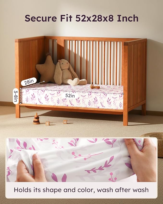 Baby Crib Sheets for Boys Girls, 28x52x8in Fitted Crib Sheet Neutral 3 Pack for Standard Crib and Toddler Mattress, Breathable Soft Microfiber Baby Sheet Purple Leaf