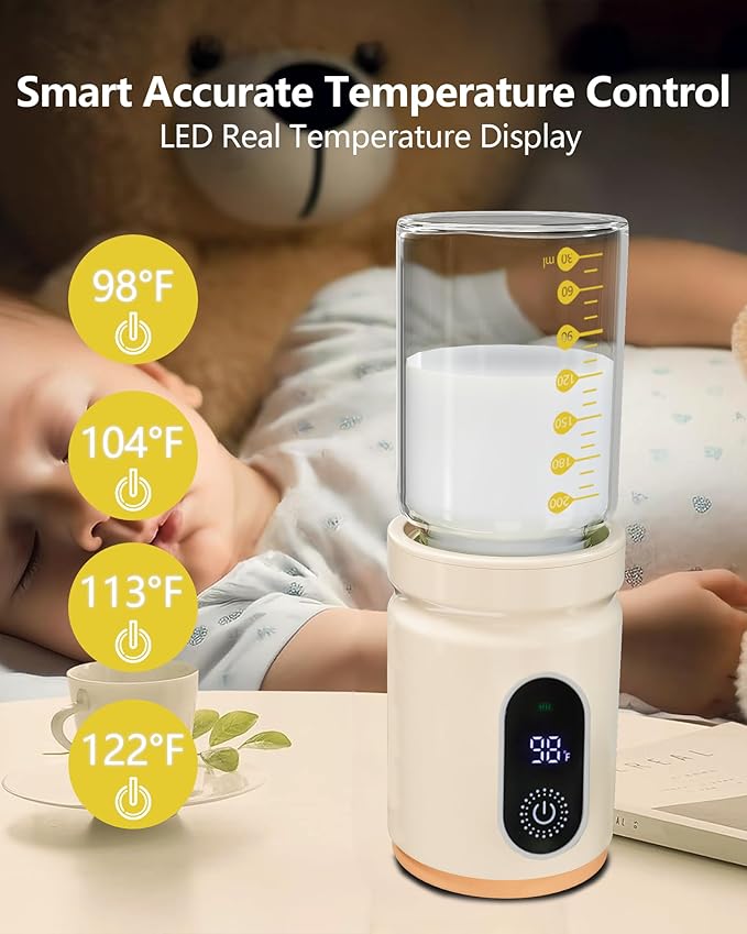 Portable Bottle Warmer,Travel Baby Bottle Heater, Rechargeable Milk Warmer with Glass Bottle for Storing Breastmilk Formula, Quick Heating 4-Level Temperature & Automatic Warm-Keeping