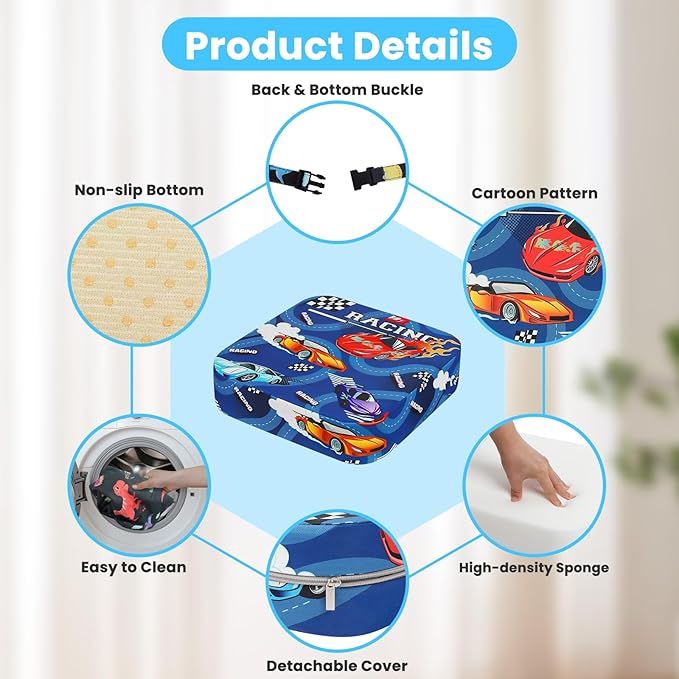 Toddler Booster Seat for Dining Table, Kids Booster Seat for Kitchen Chair with Non-Slip Bottom, Portable Detachable Washable Increasing Cushion with 2 Adjustable Straps (Racing car)