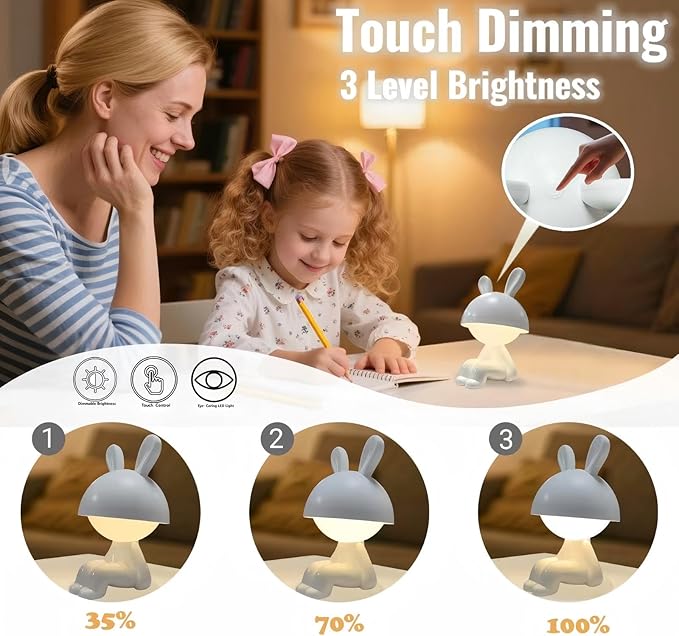 Night Light | Mini Desk Lamp | Table Lamps for Night Stands LED Cute Bunny 3 Level Dimmable Touch Light with Rechargeable Battery for Bedside Living Room Home Decor Christmas Gifts(White)