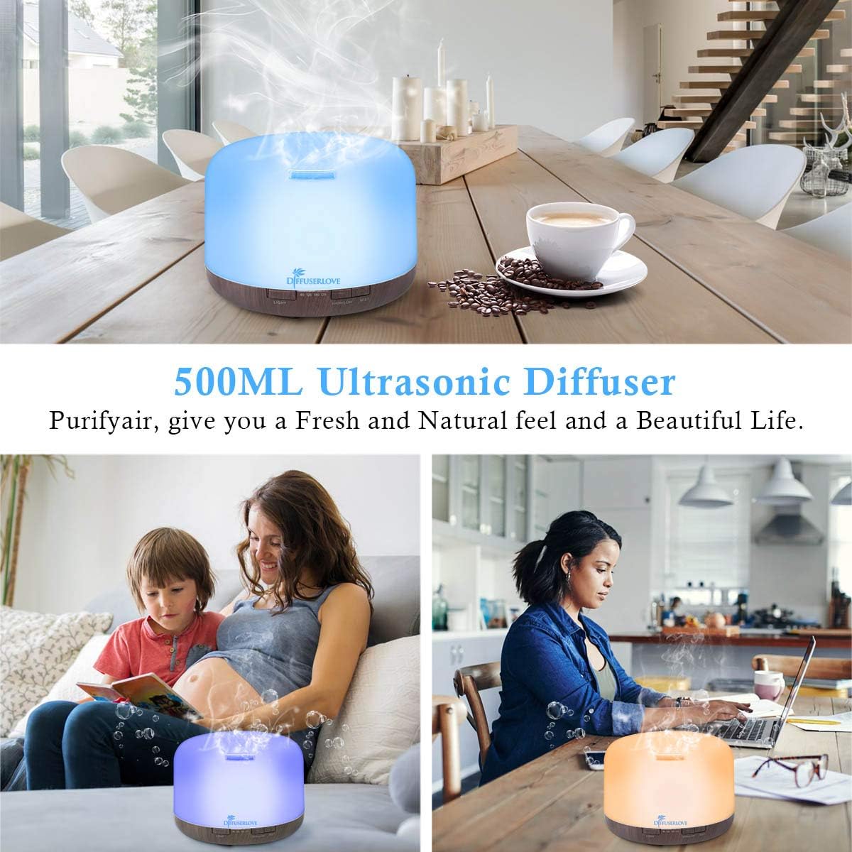 Diffuserlove Essential Oil Diffuser 500ML Aromatherapy Diffuser Mist Humidifiers 7 Color LED Lights Diffusers for Home Office Bedroom (Size:6.7" L x 6.7" W x 4.7" H)