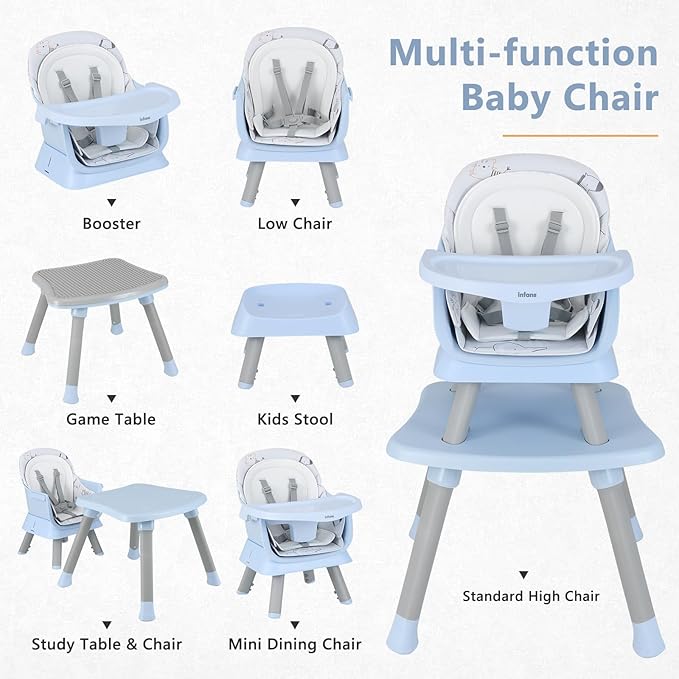 INFANS 8 in 1 Baby High Chair, Convertible Highchair for Babies and Toddlers, Infant Dining Booster Seat, Building Block Table, Kids Stool Table Chair Set with Removable Tray (8 in 1, Blue)