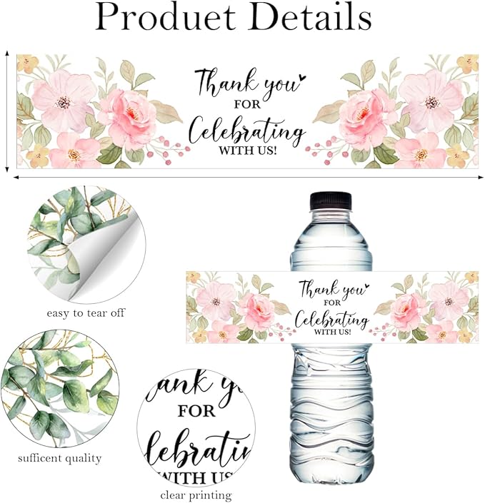 100PCS Wedding Water Bottle Labels Waterproof Greenery Floral Wraps Sticker for Water Bottle Baby Shower Bottle Label for Bridal Shower Party Thanks (Pink)