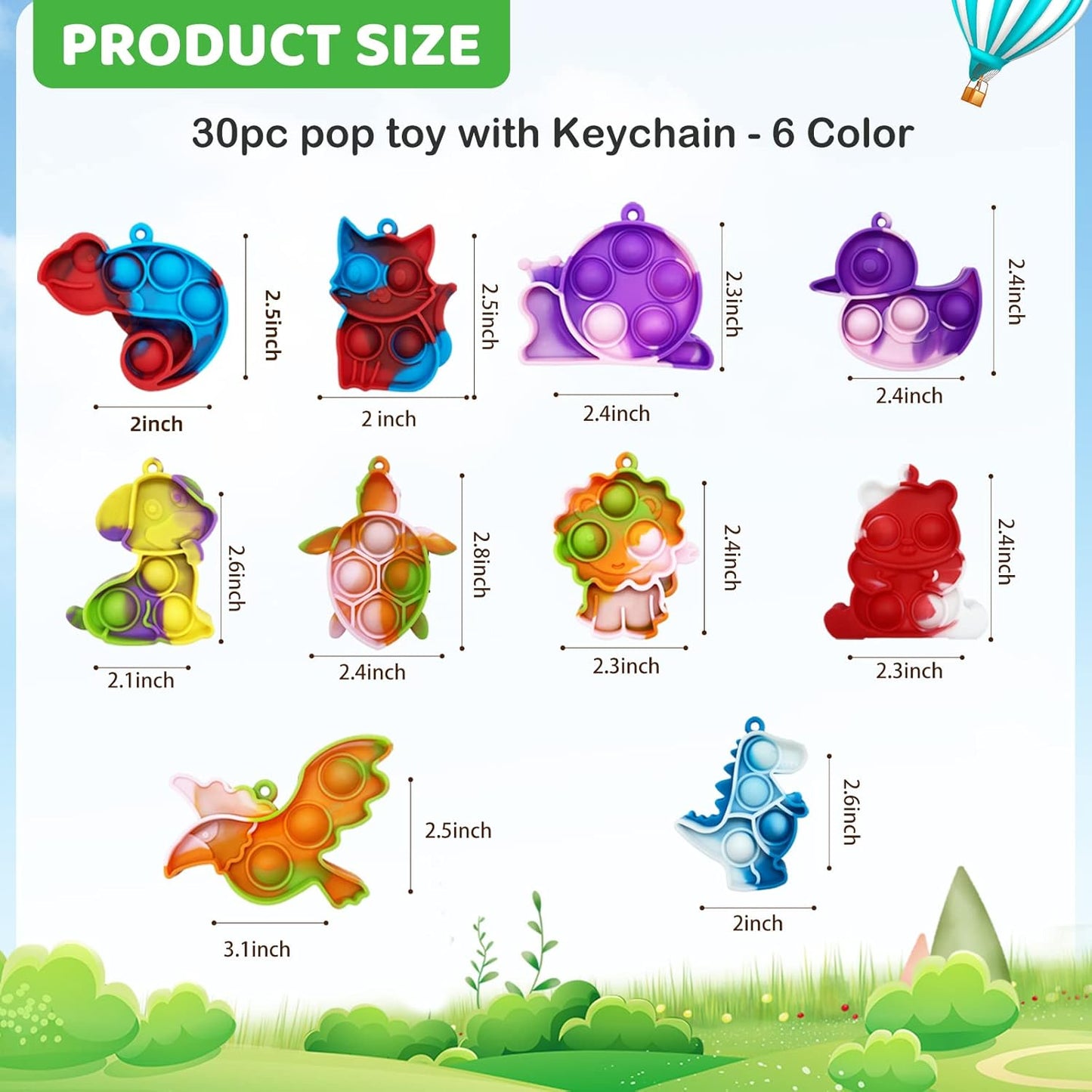 30 Pack Animal Mini Pop Fidget Toy, Keychain Bubble Popping Toy Packs, Simple Silicone Sensory Toys, Relieves Stress Toys for Kids Boys Girls Party Favors Decoration Classroom Reward