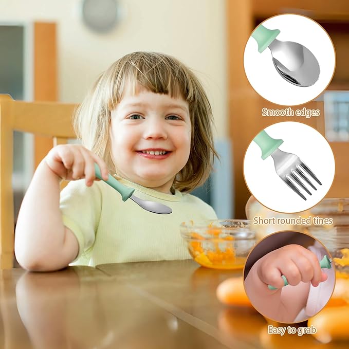 Pimoys 6 Pieces Toddler Utensils Forks and Spoons,Kids Silverware Set with Plastic Handle Stainless Steel Toddler Silverware,Dishwasher Safe