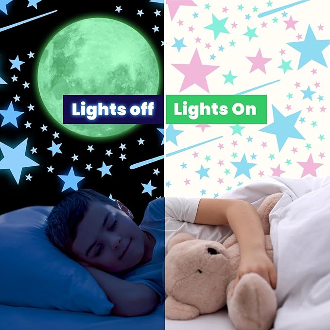 Glow in The Dark Stars and Moon for Ceiling, Luminous Wall Decal, Wall Decor, Sticky Fluorescence Stars, Gift for Boy and Girl, Perfect for Kids Nursery, Bedroom, Living Room (Colorful)