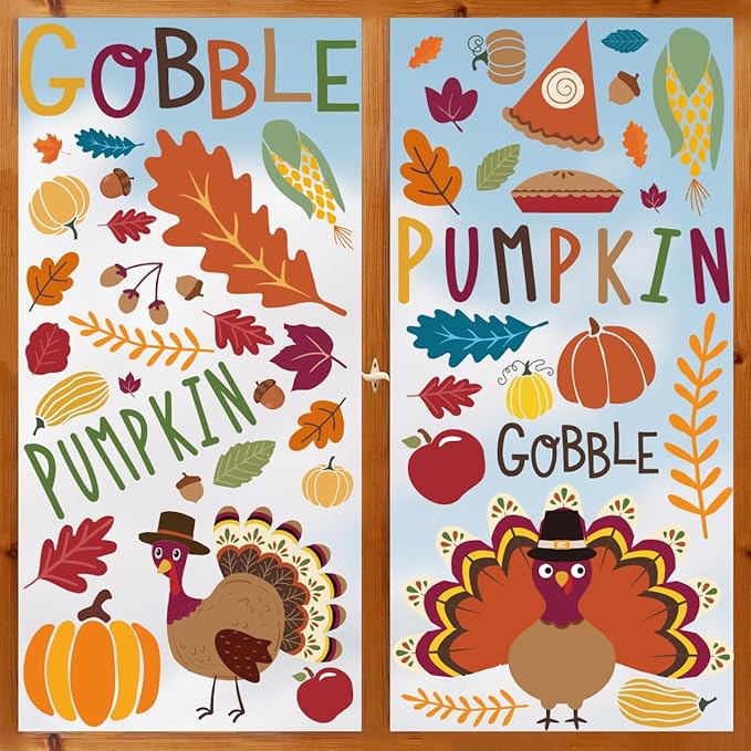 Horaldaily 125 PCS Fall Window Cling Sticker, Thanksgiving Autumn Harvest Colorful Leaf Pumpkin Turkey for Home Party Supplies Shop Window Glass Display Decoration