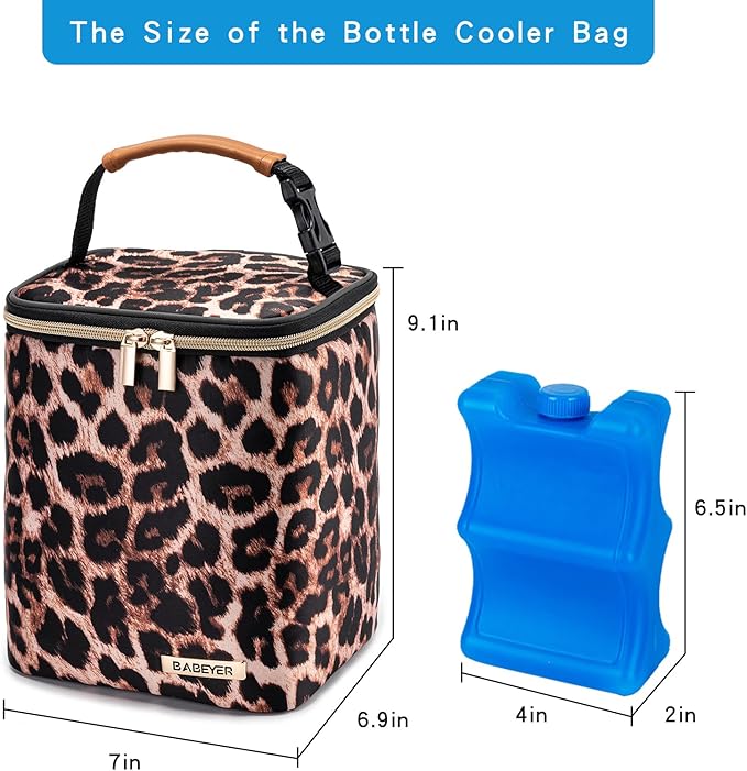 BreastMilk Cooler Bag with Ice Pack Fits 4 Baby Bottles Up to 9 Ounce, Baby Bottle Bag for Nursing Mom Daycare-Leopard Print