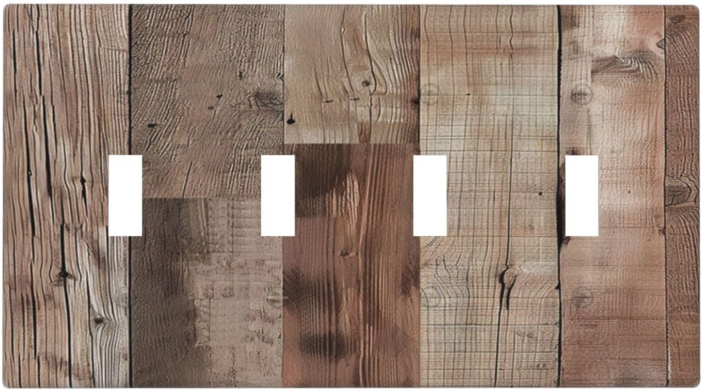 Decorative Switch Covers Plate Retro Wood Plank Vintaga Wooden Board Cabin 4 Gang Artistic Wall Plate Unique Quad Toggle Light Switch Plate Jumbo Faceplate for Bedroom Home Decor