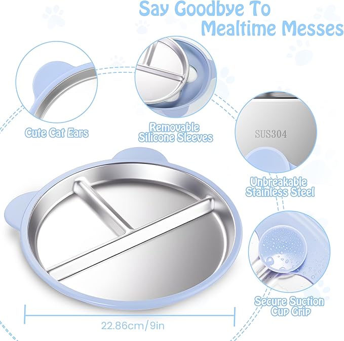 Stainless Steel Kids Plate with Suction Set of 2, 9″ Toddler Divided Plates with Removable Non Slip Silicone Sleeves, Stackable Non-Toxic Baby Self Feeding Dishes, Baby Blue & Light Gray