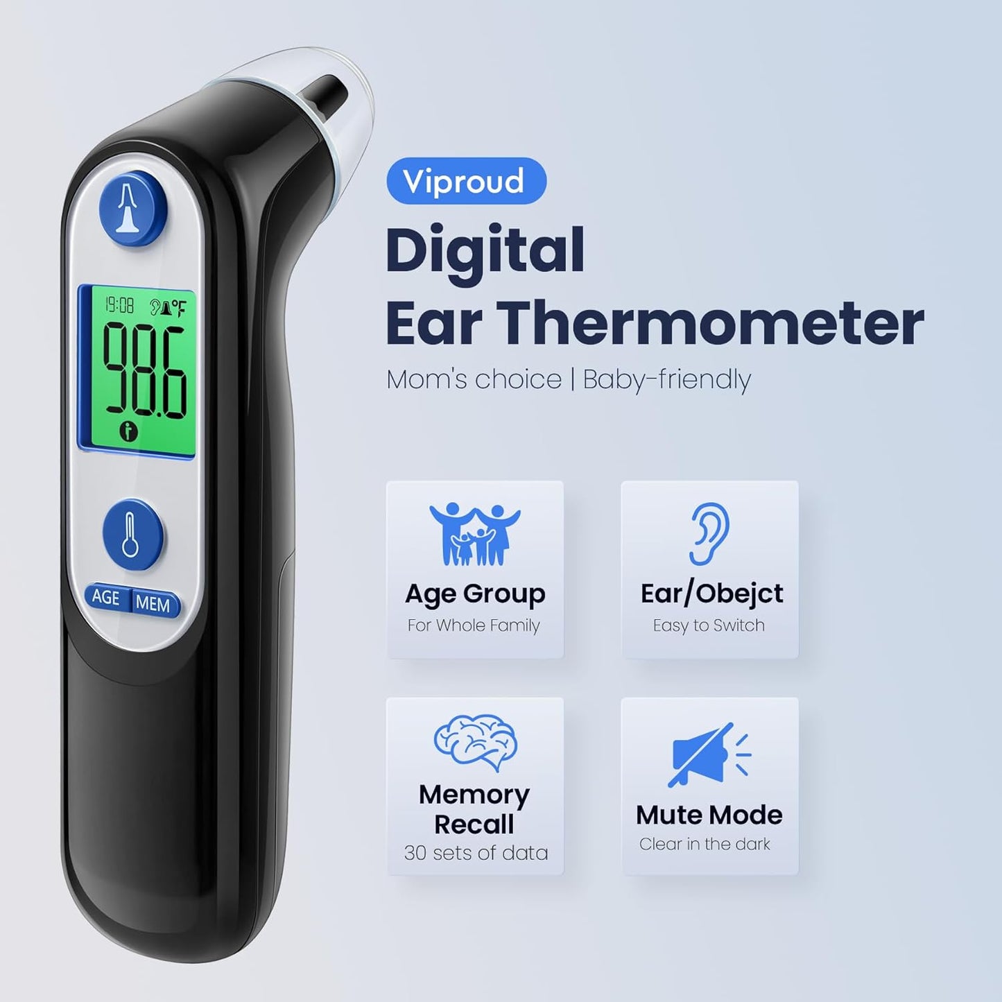 Ear Thermometer for Kids, Babies and Adults, 1 Second Accurate Digital Thermometer, Mute Function, 3-Color Fever Alert, 3 Age Groups, 30 Memory Recall with 20x Probe Covers (LCD-Black)