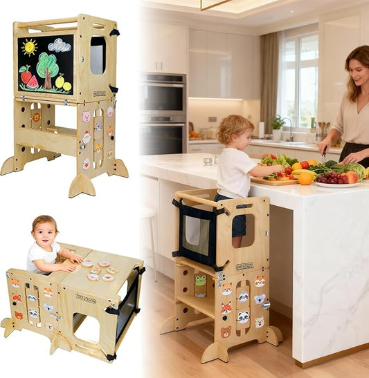 Toddler Kitchen Stool Helper, CPC Certified Foldable Toddler Tower, Learning Wooden Tower with Support Feet and Chalkboard, Anti-Drop Structure, Safe Design for Kids, Natural