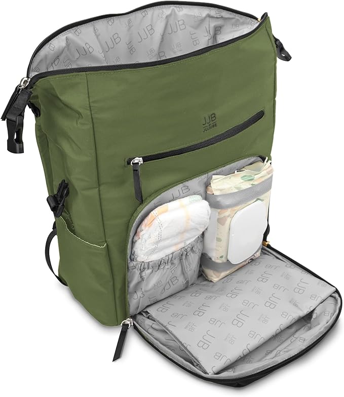 JJB by JuJuBe Modern Diaper Bag Backpack with Portable Changing Pad, Stroller Straps, Large Travel Backpack for Boy or Girl, Carrying Baby Bottles, Wipes, Diapers, Pacifiers, Olive, Mother's Day Gift