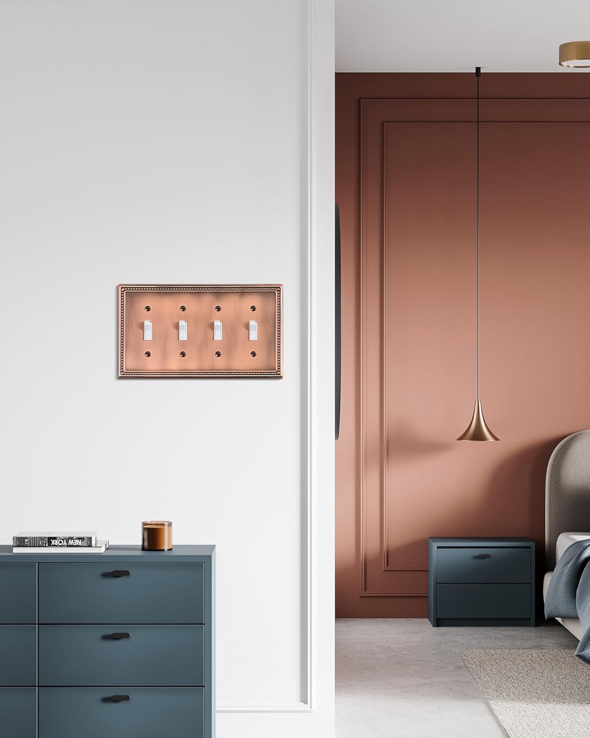 2-Pack Quad Toggle Light Switch Cover Plate, 4 Gang Metal Switch Plate Covers, Antique Copper Pearls Decorative Wall Plate, Corrosion Resistant