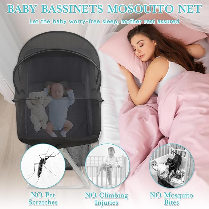 Bassinet Cover for Cats - Bassinet Net Cover for Baby Prevents Entry of Insects/Pets, Breathable Crib Net with Two-Way Zippers, Mosquito Net for Bedside Sleeper/Travel Crib (Black-Small)