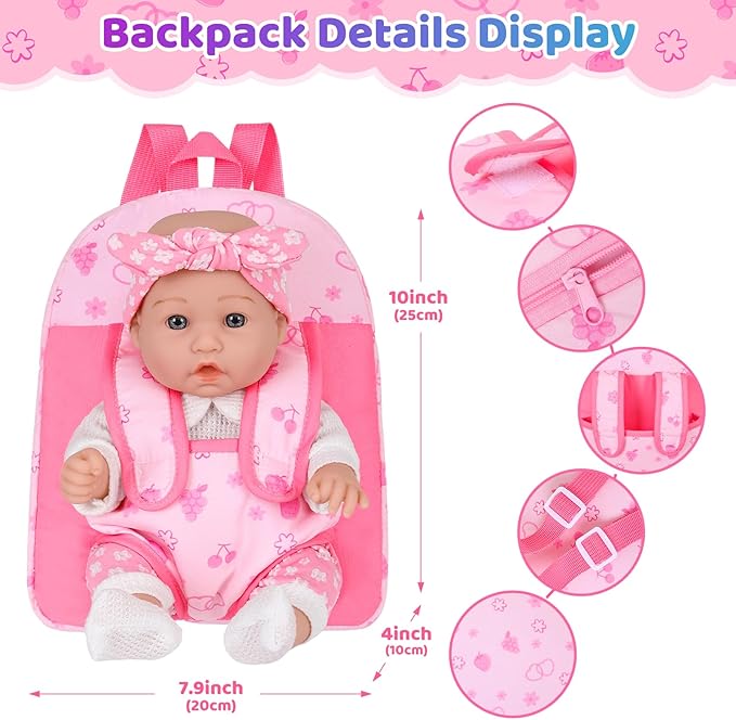 DONTNO 12" Baby Doll with Backpack Carrier in Gift Box,12 Inch Realistic Baby Dolls with Clothes and Accessories,Toy Pretend Play Collection for 3+ Child Girls Gifts