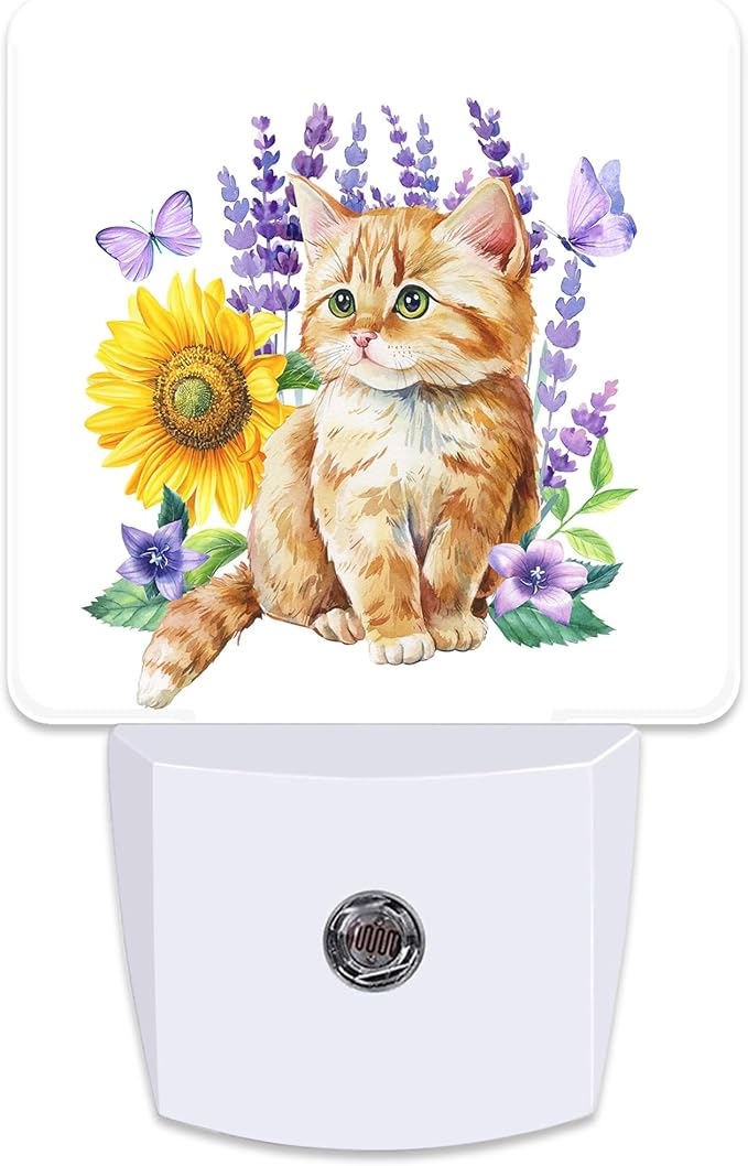 Cute Kitten and Lavender Flowers,Sunflower Butterflies Floral Plug in Night Light with Auto Dusk to Dawn Sensor,Warm Night Lights for Boys Girls Bedroom Bathroom Hallway Kids Room Gifts