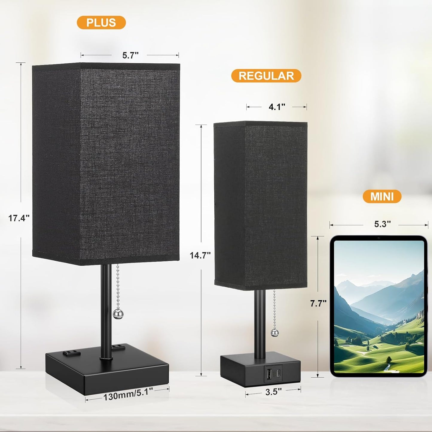 Black Table Lamp for Bedroom - 3 Color Temperature 3000K 5000K 4000K Bedside Lamp, Pull Chain Control, USB A and C Ports, AC Outlets, Bulb Included, Medium