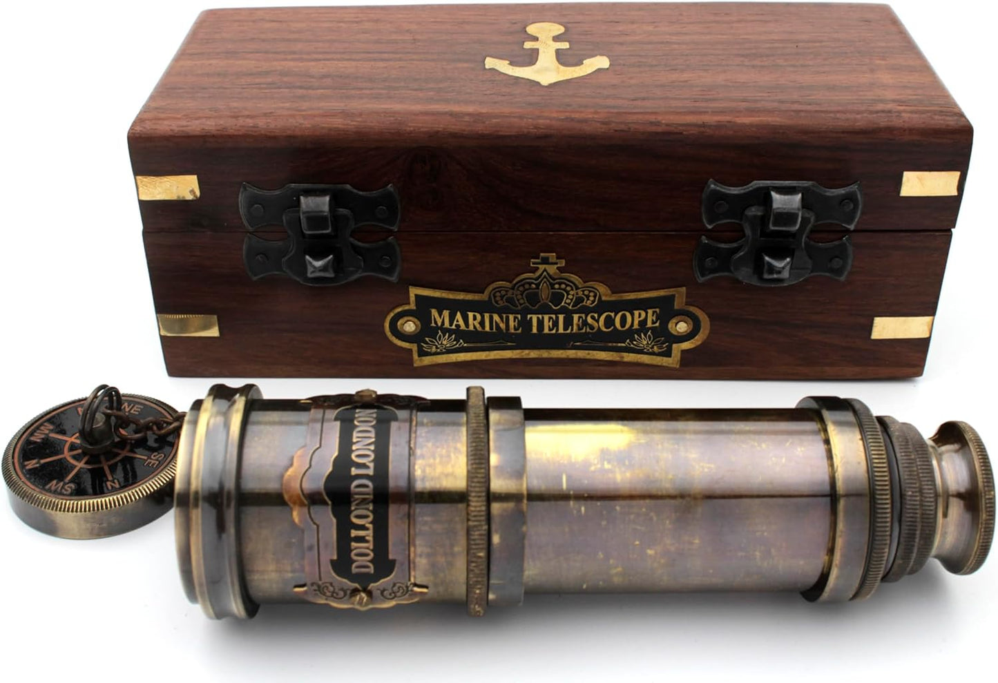 14 Inch Vintage Nautical Brass Telescope with Wood Box – Handheld Spyglass for Marine, Pirate, and Captain Use
