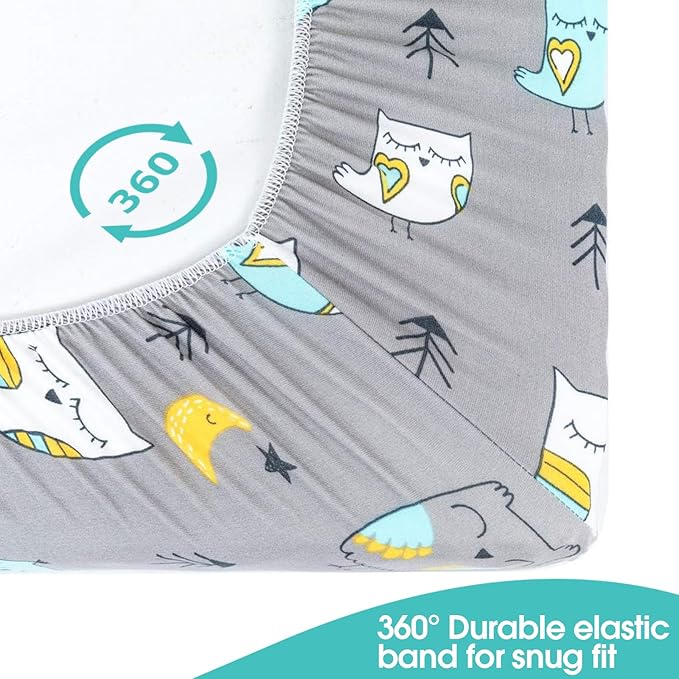 BROLEX Baby Fitted Crib Sheets: Kid Crib Sheets - Set of 2 for Toddler Standard Size Crib Mattress for Boys and Girls - Jersey Knit Crib Bed Sheets Owl Bear