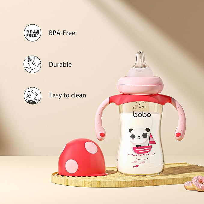 YOHKOH Natural PPSU Baby Bottle with Natural Response Nipple, Newborn Anti-Colic Baby Bottles with Handle, Wide Neck Mushroom Cap Baby Bottle (8.8oz (Pack of 4), Multicolour)