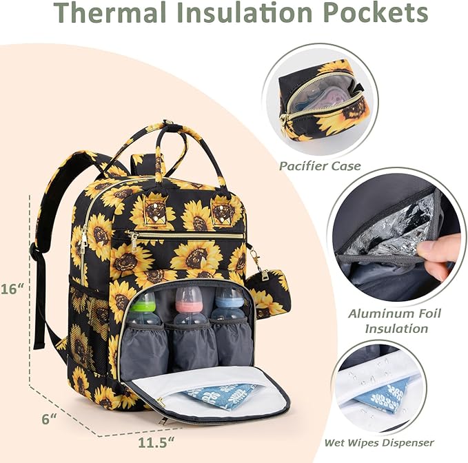 Diaper Bag Backpack,Baby Essentials Diapers Bag with Pacifier Case,Multipurpose Stylish Large Capacity Travel Backpack for Baby Girl/Boy(M-Sunflower)