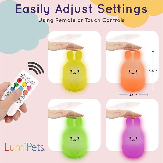 Lumipets Baxter The Bunny Squishy Night Light for Kids | Silicone Lamp with Tap & Remote Control | Rechargeable Color Changing Animal Night Light for Boys & Girls | Portable Nightlight with USB Cord
