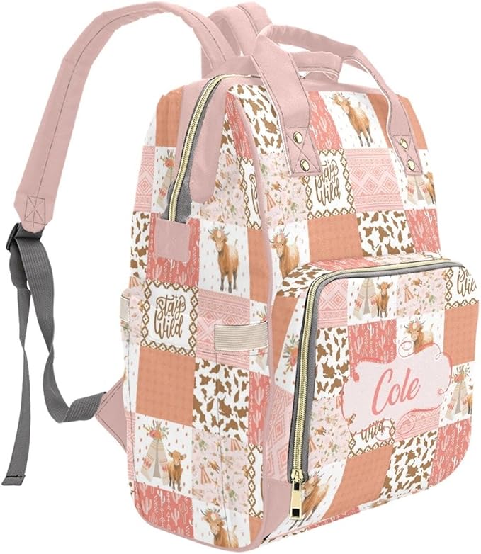 Personalized Highland Cow Pink Diaper Bag with Name – Custom Baby Bag, Nursing Tote Backpack for Mom, Custom Name Mommy Daypack, Shower Gift for Baby