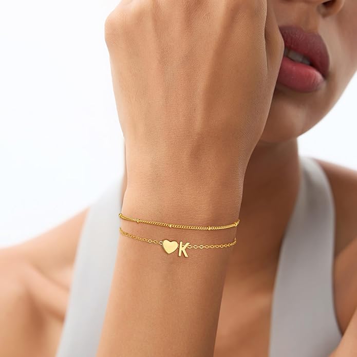 Gold Initial Bracelets for Women Girls - 14K Gold Plated Heart Initial Bracelet Teen Girl Gifts Trendy Stuff Dainty Gold Bracelets for Women Girls Trendy Jewelry Gifts