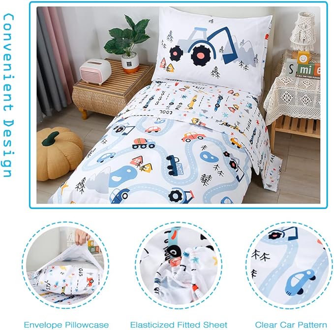 PERFEMET Comforter Set for Twin Bed Reversible Cars Pattern Bedding Set Soft Microfiber Bed in a Bag for Kids Boys Teens All Season Use(White, Twin)