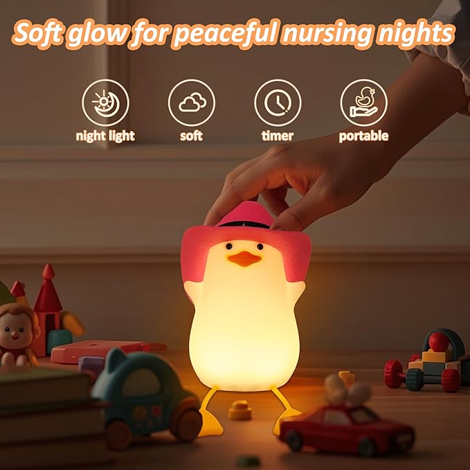 Cute Benson Ducks Night Light, Squishy Touch Silicone Animal Nursery Bedside Lamp, Dimmer & Rechargeable, Birthday Gift for Boys, Girls, Teens (Pink Duck)
