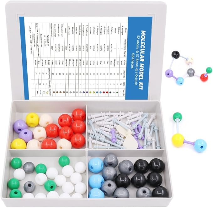 Swpeet 92 Pcs Chemistry Molecular Model Student and Teacher Set, Molecular Model Set for Inorganic & Organic Chemistry - 52 Atoms & 37 Bonds & 3 Orbitals