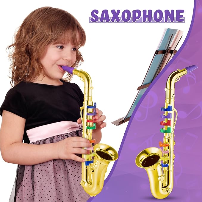 Amylove Set of 2 Musical Instruments for Kids Including Toy Saxophone and Kids Clarinet Plastic Toy Instruments Saxophone Clarinet with 8 Colored Keys Educational Home School Music Gift(Gold)