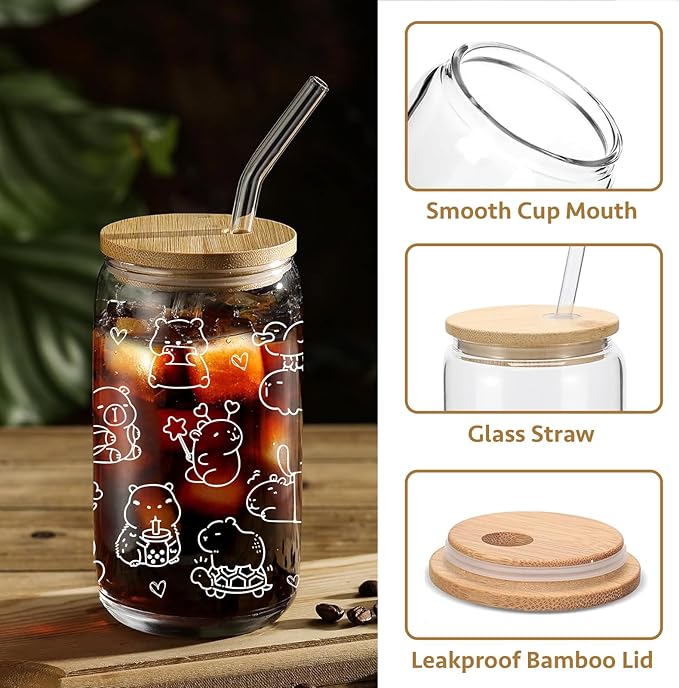 Cute Capybara Stuff - Glass Cup with Lid and Straw, Capybara Gifts for Women Girls, Funny Birthday Decoraions, Iced Coffee Cup Smoothie, 16 oz