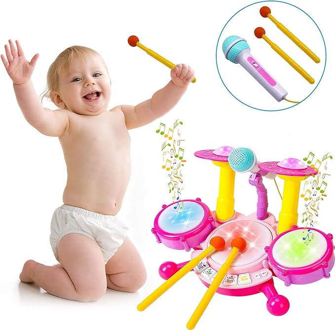Drum Set for Kids with 2 Drum Sticks and Microphone, Musical Toys Gift for Toddlers