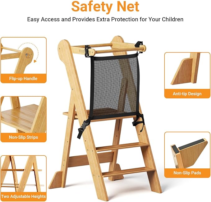 COSYLAND Foldable Toddler Kitchen Stool Helper - Height Adjustable Standing Tower for Bathroom Sink or Kitchen Counter - Step Stool for Toddlers Ages 18 Months to 6 Years Natural