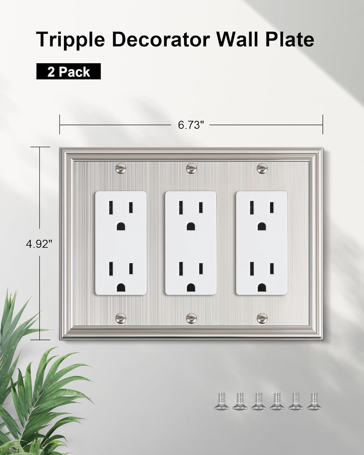 2-Pack Decorative Tripple Decorator Outlet Cover Plate, Durable Zinc Alloy Brushed Nickel Wall Plates for Electrical Outlets, Receptacle, GFCI Outlet, Dimmer Switch, 3-Gang